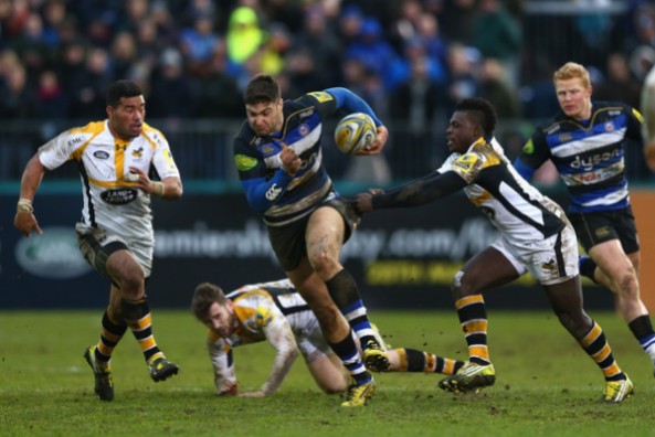 Bath Rugby centre Matt Banahan tries to find some space in the London Wasps' defence