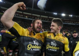 The Hurricanes players Dane Coles and Beauden Barrett celebrate the Super Rugby Title in 2016
