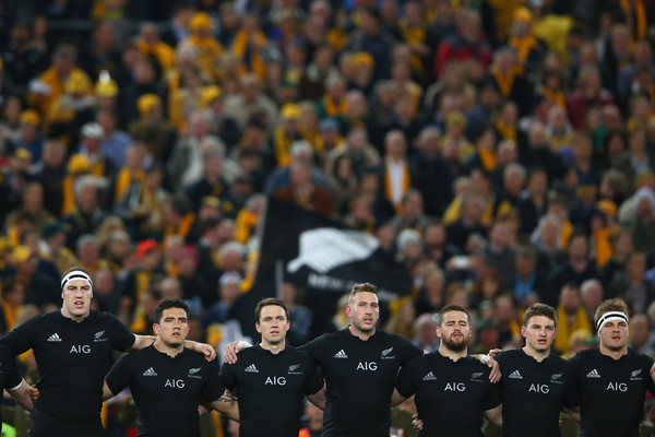 The New Zealand players singing the National Anthem during the Rugby Championship decider against Australia, in Sydney, in August 2015
