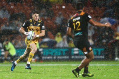 The Hurricanes first-five eighth Beauden BarretT under terrible weather conditions against the Chiefs during Round 3 in the Super Rugby 2017