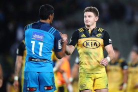 The Blues winger Melani Nanai and the Hurricanes first-five eigth Beauden Barrett shakes hands following a Super Rugby game in Auckland, 2017
