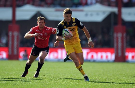 Beauden Barrett runs the ball for the Hurricanes against the Lions during the Super Rugby semi-final in Johannesburg, in 2017