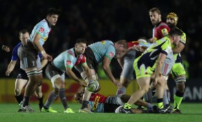 The Harlequins scrum-half Danny Care passing the ball against the Sale Sharks in the Aviva Premiership during the 2017-2018 season