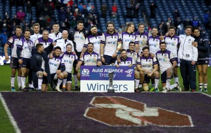 The Scotland players won the Auld Alliance Trophy after their win against France during the 2018 Six Nations Championship at Murrayfield