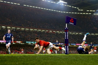 The Wales scrum-half Gareth Davies scored the opening try of the 2018 Six Nations Championship against Scotland in Cardiff