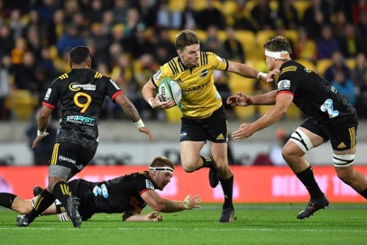 The New Zealand first-five eighth Beauden Barrett running the ball for the Hurricanes against the Chiefs during Super Rugby 2018 in Wellington
