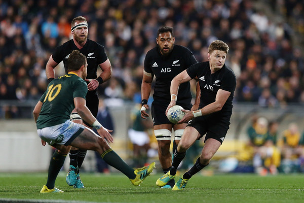 Beauden Barrett running with the ball for New Zealand against South Africa during the 2018 Rugby Championship at Wesptac Stadium, Wellington