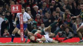 The Wales fullback Liam Williams scoring a try against South Africa during the 2018 Autumn Tour in Principality Stadium, Cardiff, Wales