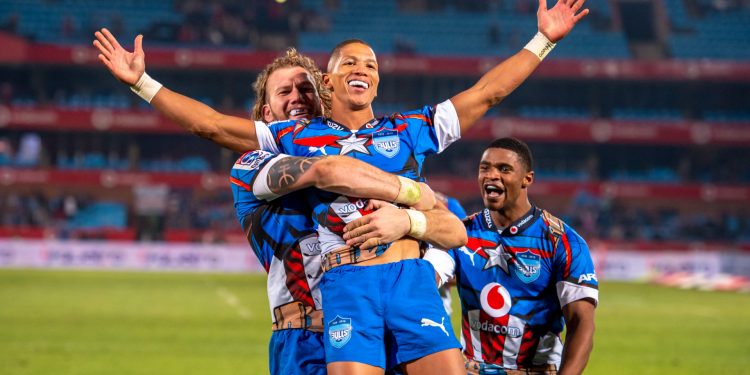 The Bulls' RG Snyman and Warrick Gelant are celebrating Manie Libbok's try against the Lions during the 2019 Super Rugby fixture in Pretoria