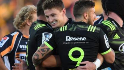 Beauden Barrett celebrating a try for the Hurricanes against the Brumbies during the 2019 Super Rugby