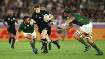 Beauden Barrett finding the space for New Zealand during the All Blacks' opening World Cup game against South Africa, in Japan