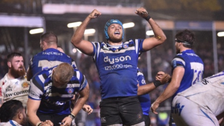 The Bath Rugby number 8 Zach Mercer celebrating the win against the Exeter Chiefs during the 2019-2020 Premiership season fixture at The Rec
